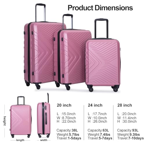 Luggage Set 3 Piece Suitcase Set Double Spinner Wheels TSA Lock Carry-on luggage Clearance (20inch 24inch 28inch)-Pink2