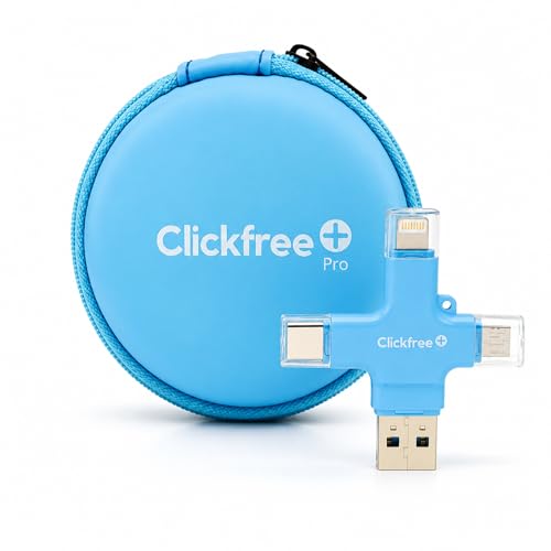 Clickfree Pro 128GB 4-in-1 Photo & Video Backup Device for iPhone Android iPad & Mac Includes Photo Book Voucher + Unlimited AI Credits (Sky Blue)