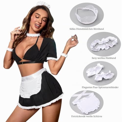 Sexy Damen Maid Kostüm Französisch Dienstmädchen Outfit Exotisches Anime Cosplay Minirock Dessous Negligee Nachtwäsche Spitze Negligee V-Ausschnitt Transparente Nachthemd Set für Frauen – Bild 4