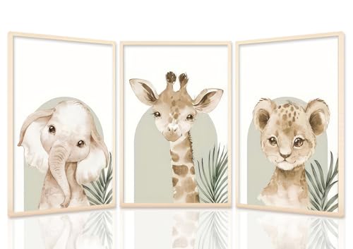 Image of HNNXAR Nursery Poster Wall Art Set Of 3 Baby Boy Girls Kids Room Picture Wall Decor Jungle Safari Lion Elephant Giraffe Canvas Painting Cute Animal Prints For Children Toddlers Bedroom 12x16 Unframed