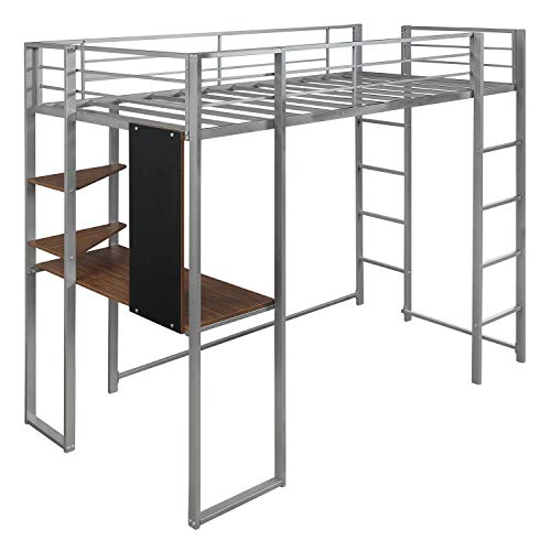 YSKWA Twin Metal Loft Bed with 2 Shelves and One Desk,Silver