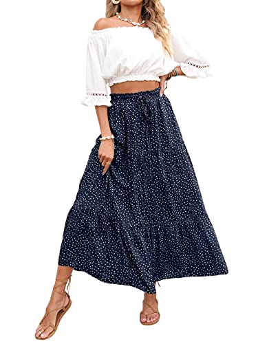 MEROKEETY Falda midi plisada de cintura alta con estampado floral y bolsillos para mujer, azul marino, Large