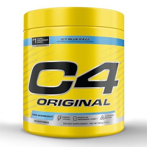 C4 Original Pre Workout Pre-Workout for Endurance Focus & Performance with 200mg Caffeine Beta-Alanine Creatine Nitrate L-Arginine & PeptiPump Sugar Free 25 Servings ICY Blue Razz