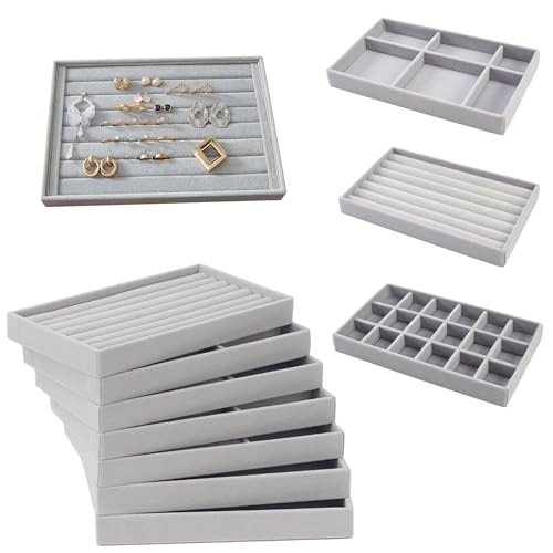 YOZAIUUI 10Pcs Stackable Jewellery Organiser Trays: Velvet Jewellery Drawer Organizer for Bracelet Necklace Ring Earring Storage and Display Suitable Gifts for Mother Wife (Grey)