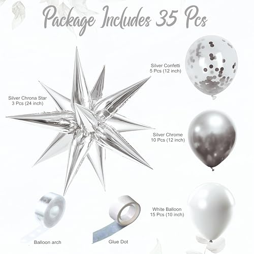 Image of white & silver balloons with silver star foil balloon, Pack of 35 pcs for birthday decoration, Anniversary Decoration, Home Decoration Items