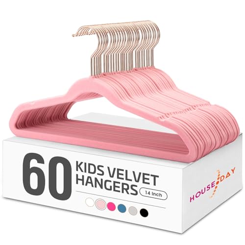 Image of HOUSE DAY Velvet Kids Hangers 60 Pack, Premium Childrens Hangers for Closet | Blush Pink Ultra Thin Cute Clothes Hanger, Non Slip Small Felt Hanger 14 Inch for Kids Clothes +360° Swivel Rose Gold Hook