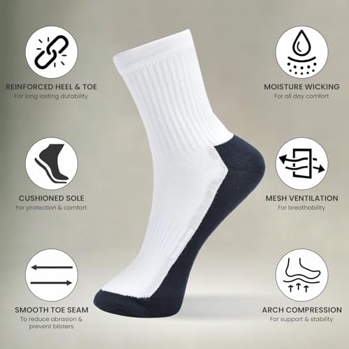 Kass & Smith 4 pairs High Cotton Crew socks for men and women | Running Casual Soft Moisture Wicking Breathable Cushioned White/Blue- Pack of 43