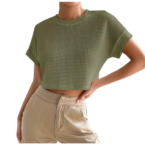 Women Short Sleeve Workout Tops for Women Breathable Waffle Knit Cropped T Shirts Casual Crewneck Summer Fashion Tops Army Green