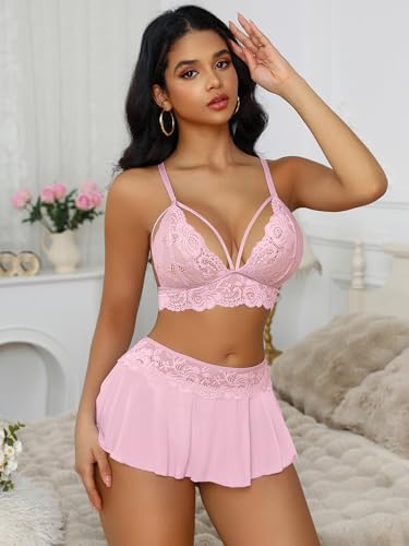 Image of CRIPOM Sexy Lingerie for Women Naughty 3 Piece Lace Bralette, Mini Skirt with G-String Crotchless Lingerie Outfits