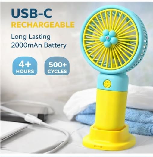 Image of Portable Handheld USB-C Rechargeable 3 Adjustable Speeds Mini Fan for Home Office & Outdoors (Yellow)