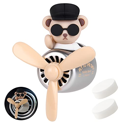 URAQT Bear Pilot Retro Airplane Car Air Freshener, Vent Clip On with 2 Fragrance Tablets, Personalised Air Outlet Vent Accessory with Rotating Propeller, Brown