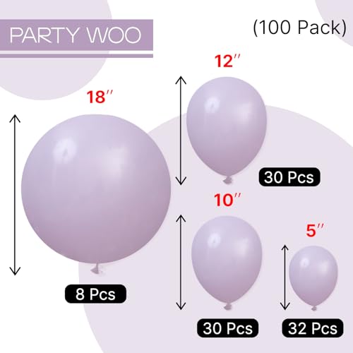 Image of PartyWoo Dusty Purple Balloons 100pcs Different Sizes Pack of 18 12 10 5 Inch Lavender Lilac Boho Neutral Balloon Arch Kit for Baby Shower Graduation Cat Tornado Birthday Party Decorations Purple-F33