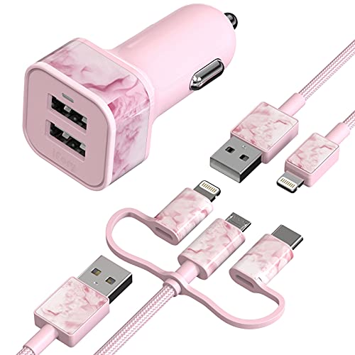 iFory USB Car Charger,36W Dual USB Fast Charger Quick Charge 3.0 3A/36W ABS Car Charger Adapter Designed for 3ft iOS Charging Cable and 6ft 3in1 iPhone Data Cable (L-Pink)