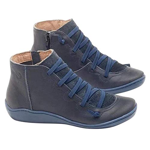 eamqrkt Botines de Piel Otoño Vintage Cordones Mujer Zapatos Cómodo Plano Botas de Tacón Cremallera Bota Corta - Azul, 38