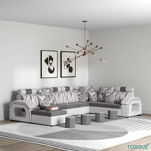Image of Torque Silvester 12 Seater Sofa Set for Living Room (Grey) | Interchangeable U Shape Sectional Sofa | Solid Wood Frame & High-Density Supersoft Foam | Includes Puffy & Stool | Modern Home Furniture