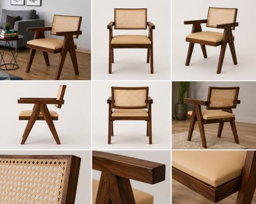 Image of Solid Wood Arm Chair with Cushion and Cane Back Support Chair Living Room Bedroom Home Wooden Armchair Furniture Garden Balcony Outdoor & Indoor (Honey Finish Set of 2)