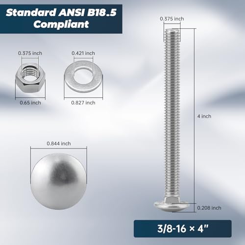 Image of 3 /8-16 x 4 Inch Carriage Bolt Kit, 304 Stainless Steel (18-8) with Hex Nuts & Flat Washers - 6 Sets, Round Head Square Neck, Full Thread Coverage by Glvaner