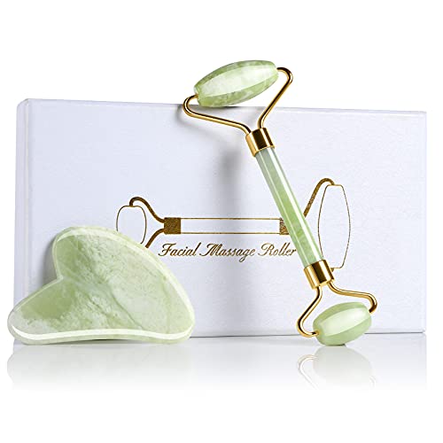 Jade Roller & Gua Sha, Facial Beauty Roller Massager - 100% Natural Jade Roller and Gua Sha Massage Skin Care Tool for Face, Eyes, Body Muscle Relaxing - Noiseless Design (Light Green)