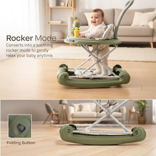 Image of Baybee 3-in-1 Convertible Baby Walker for 6-18 Months with Rocking Mode, Removable Toy Bar, Inbuilt Music, 3-Level Height Adjustment, Smooth Wheels & Parental Handle | Foldable Infant Activity Walker with Cushioned Seat (Green)