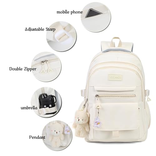Image of PRLINJSK Girls Backpack for College High Middle School Student, Cute Aesthetic Bookbag for Teens Women with Accessories,Beige