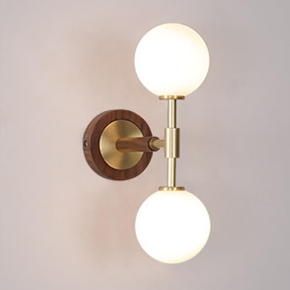 JYBNBBE Globe Glass Wall Sconce Nordic Brass Wall Light for Bedside, 2-Light Glass Wall Lighting Fixture, Living Room Hallway Study Room Walnut Wall Lamps with Milky White Lampshade