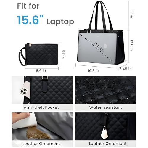 Image of Large Laptop & Lunch Tote Bag for Women - Spacious Office Shoulder Handbag for Work, Travel & Daily Use with Multi Compartments (Black)