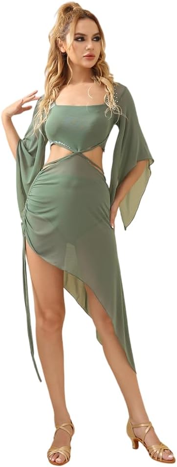 ROYAL SMEELA Elastic Mesh Latin Dance Dress with Square Neck and Waist Cutout - Party Dress Performances