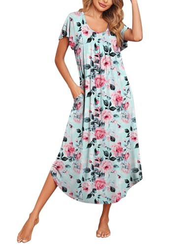 Image of Ekouaer Long Nightgowns for Women with Pockets Short Sleeves Moo Moos for Women Casual Maxi Dress House Dresses S-XXXL