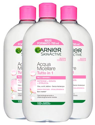 Garnier SkinActive Mizellares Wasser All-in-1 für empfindliche Haut Entferner beruhigt ohne Ausspülen Maxi Format - 3 Flaschen à 700 ml