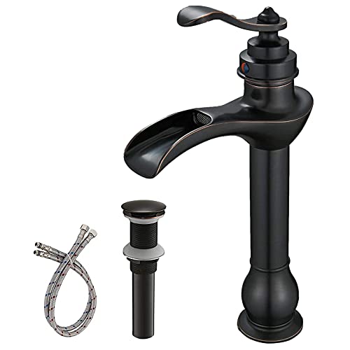 Greenspring Vessel Sink Faucet Oil Rubbed Bronze Single Hole Single Handle Waterfall Spout Farmhouse Lavatory Bathroom Faucets With Pop Up Drain Without Overflow Supply Line Lead-Free