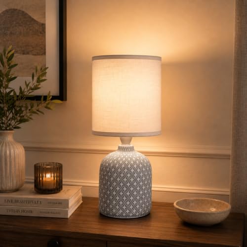 Image of MAGIK Moroccan Mist Decorative Table Lamp (Grey) | Concrete Base with Off-White Fabric Shade | Includes 5W LED Bulb | E14 Holder | Elegant Ambient Lighting for Bedroom, Living Room & Study