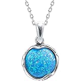 925 Sterling Silver Blue Opal Necklace - Dainty 12mm Round Opal Gemstone Pendant, October...