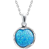 925 Sterling Silver Blue Opal Necklace - Dainty 12mm Round Opal Gemstone Pendant, October...