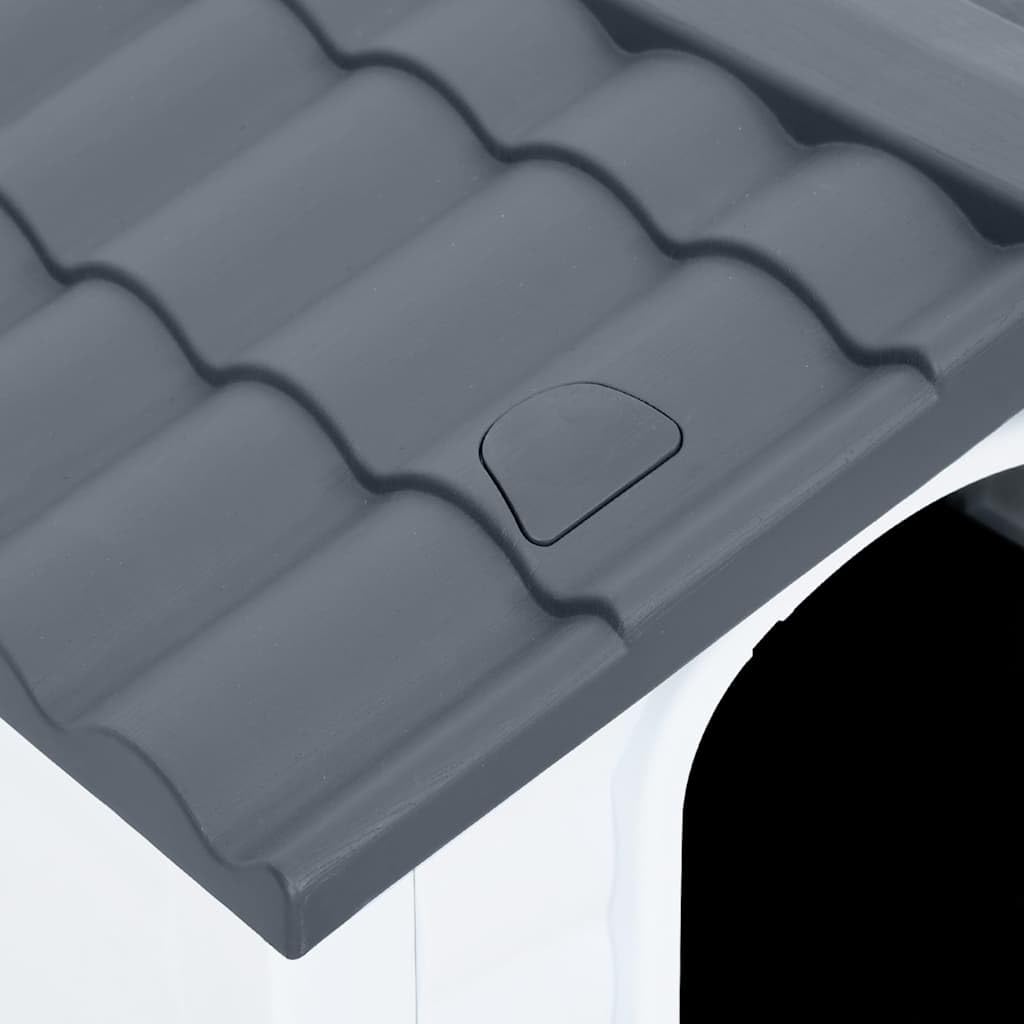 Robusta cuccia per cani grigia in polipropilene resistente, 90,5 x 68 x 66 cm, con buona ventilazione e pratico tetto a punta per protezione da pioggia e sole