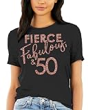 50th Birthday Shirts for Women - Rose Gold Glam Fierce Fabulous & 50 T-Shirt - Womens Birthday Gifts - Medium - Black Tee(GlmFF50 RG) Blk/Md