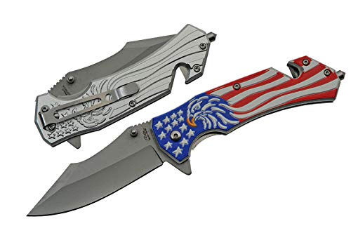 Szco Supplies 4.5" U.S Eagle/Flag Assisted Open Tactical Rescue Folding Knife with Seatbelt Cutter and Glass Breaker, red, White, Blue