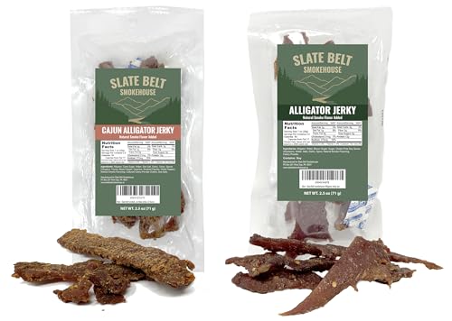 Slate Belt Smokehouse Alligator Jerky for Humans, Gator Jerky, Alligator Meat Jerky Cajun and Classic Flavors 2.5 Ounce (Pack of 2)