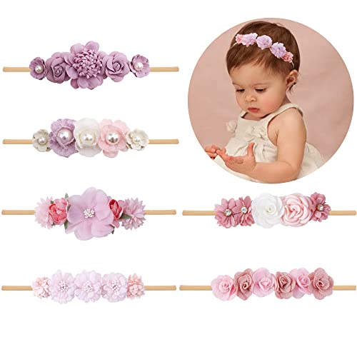 Image of NUWAJP Baby Girls Headbands Flower Headband 6 Pcs Nylon Elastic Headbands Newborn Hair Bows Hair Accessories Gifts for Infant Toddlers Kids
