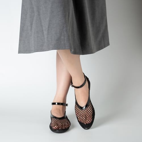 Women's Mesh Ballet Flats Shoes for Women Fishnet Ballet Flats Mary Jane Flats Round Toe Comfortable Dressy Netted Ballet Flats with Buckle Strap Black4