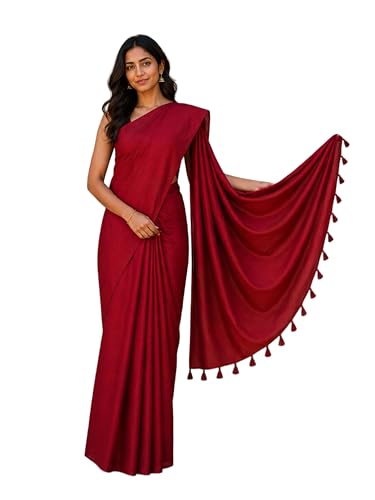 Ethnics of Kutch Plain Dyeing Modal Silk Saree with Tassels - With Blouse Piece - 5.5 Mtr Length (Red 0175-RER