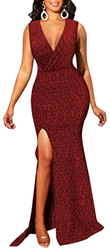Image of Women's Sexy Long Sleeve Sparkly Maxi Dress V Neck High Slit Wrap Formal Gown Cocktail Glitter Maxi Long Dresses