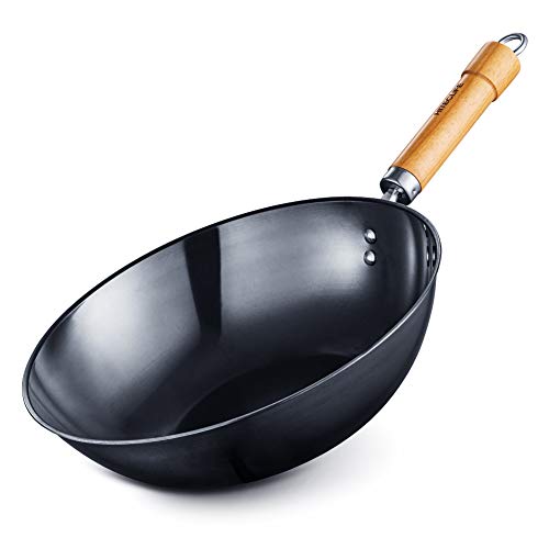 Wok Pan 12 inch High Carbon Steel Wok Chemical-free Stir Fry Pan with Detachable Wood Handle Scratch Resistant Chinese Iron Pot Oven Safe