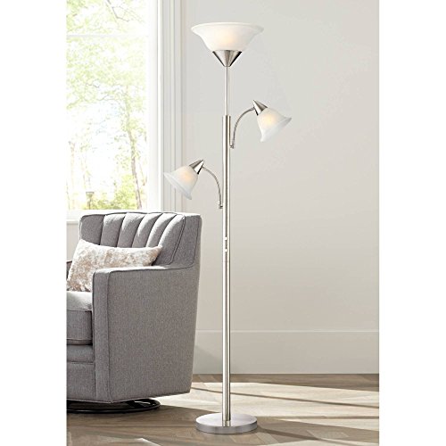 Jordan Modern Contemporary Tall Torchiere Floor Lamp Tree 3-Light Brushed Nickel Silver Alabaster Glass Shades for Living Room Reading House Bedroom Home Decor Office Uplight - 360 Lighting