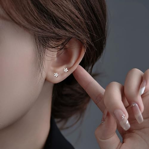 Mini Silver Flower Studs Earrings, 14K White Gold Plated Tiny Daisy Studs Earrings for Women2