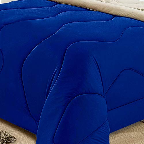 Kit Edredom Casal de Malha Dupla Face Requinte 3 Peças Azul e Bege Casa Dona