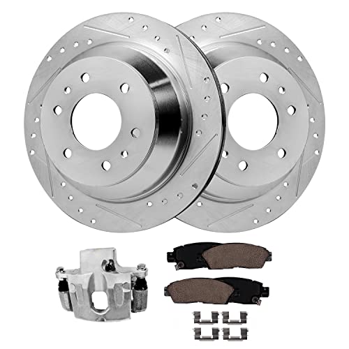 Detroit Axle - Rear Drilled Rotors Brake Pads + Left Brake Caliper