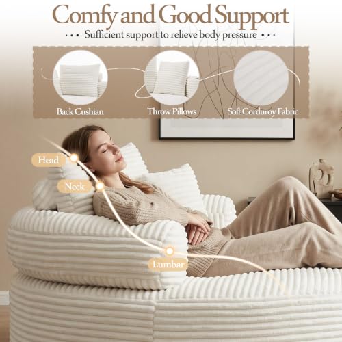 Image of Trustyue Boneless Couch,Comfy Fluffy Sofa Bed,Upholstered Sleeper Sofa with Cup Holder and Throw Pillows,Corduroy Plush Cloud Lounge Chair (White, Corduroy)
