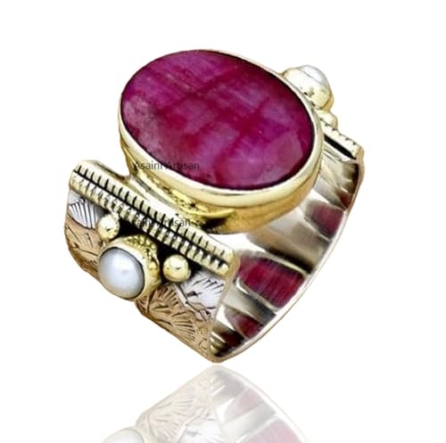 10x14 MM Oval Gemstone Solid 925 Sterling Silver Two Color 15MM Wide Band Ring with Tiny Freshwater Pearl Accents for Women Gift