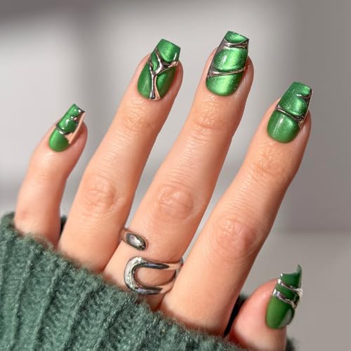 Glamnetic Press On Nails x Harry Potter - Salazar Slytherin | Medium Coffin Fake Nails with 3D Silver Design & Velvet Finish Salon Quality Officially Licensed | 15 Sizes - 30 Nail Kit with Glue