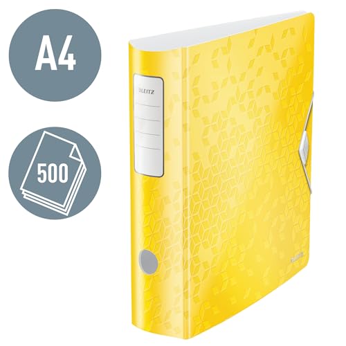 Leitz Qualitäts-Ordner 180° Active WOW, A4, Breit, Abgerundeter Rücken, 8,2 cm breit, Gummibandverschluss, Leichtes Polyfoam, Plastik-Ordner, WOW Serie, Gelb, 11060016